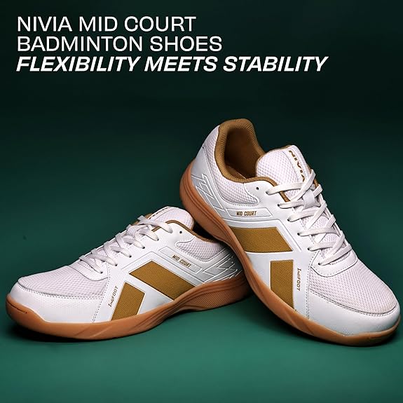 NIVIA MID COURT BADMINTON SHOE - WHITE/GOLDEN 09/2